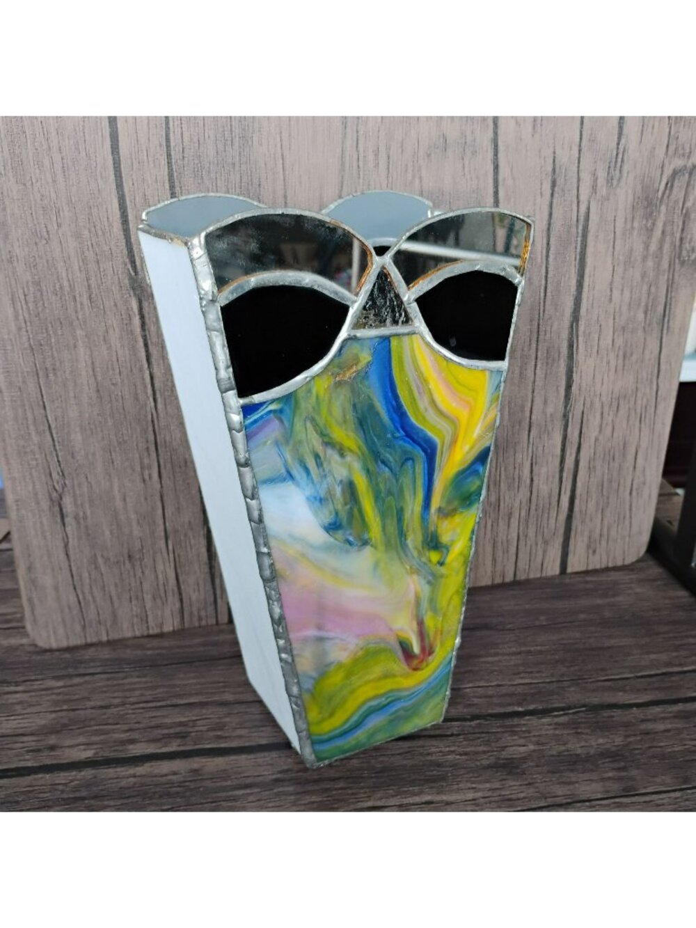 Vintage Postmodern Stained Glass Vase 9.5” 80s Geometric Art Deco Candle Holder